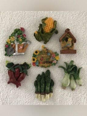 7 Refrigerator Magnets - Birdhouses Flowers Watering Can Veggies - Resin